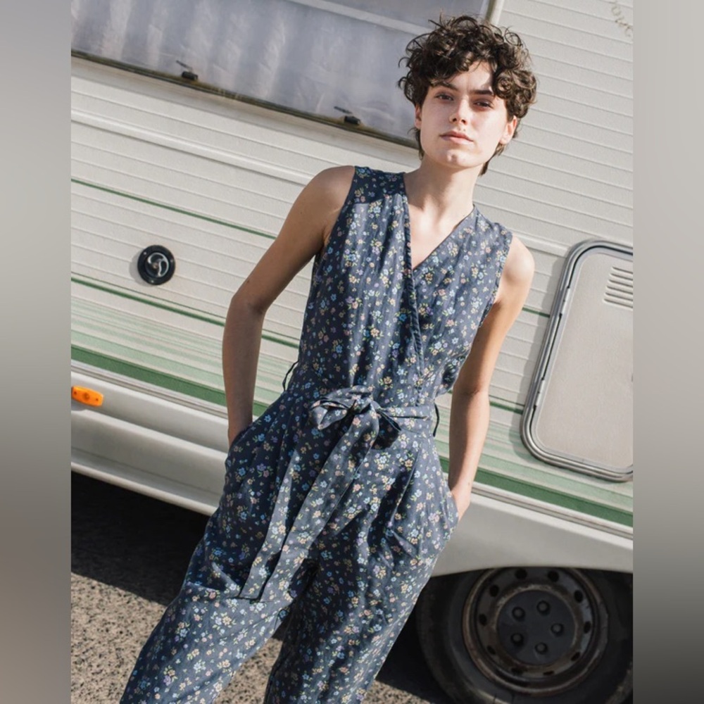 Not perfect linen sleeveless Margaret Jumpsuit in natural/grey stripes